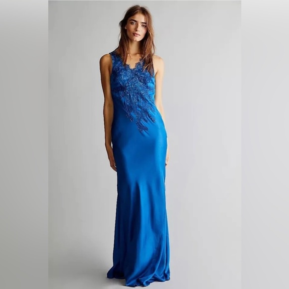NWT Free People X Brenda Knight Lace Maxi Slip Dress - Royal Blue - Picture 14 of 16
